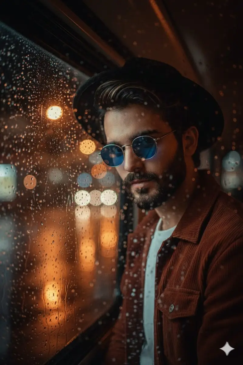 پیش‌نمایش پرامپت پرترهٔ سینمایی از پشت پنجرهٔ باران‌خورده