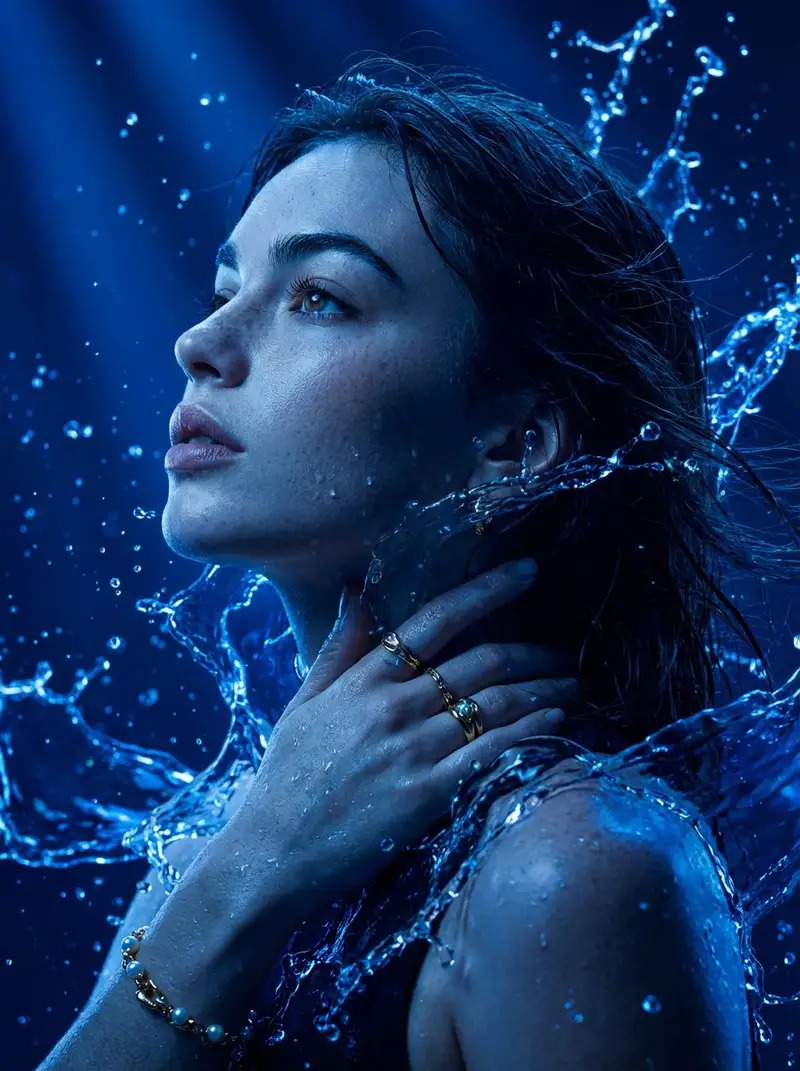 Preview of Cinematic Portrait Drenched in Electric Blue Water Splashes