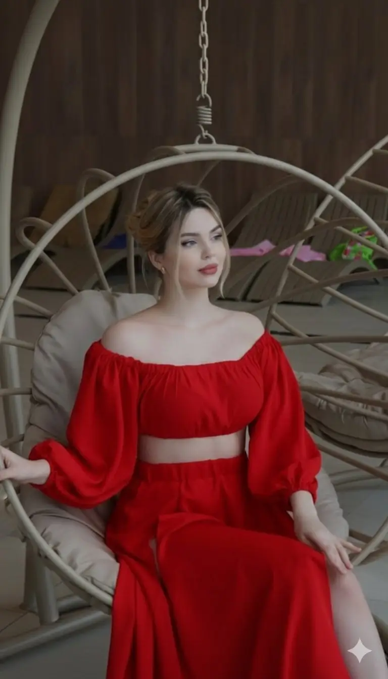 Preview of Crimson Red Fashion Editorial in Rattan Chair