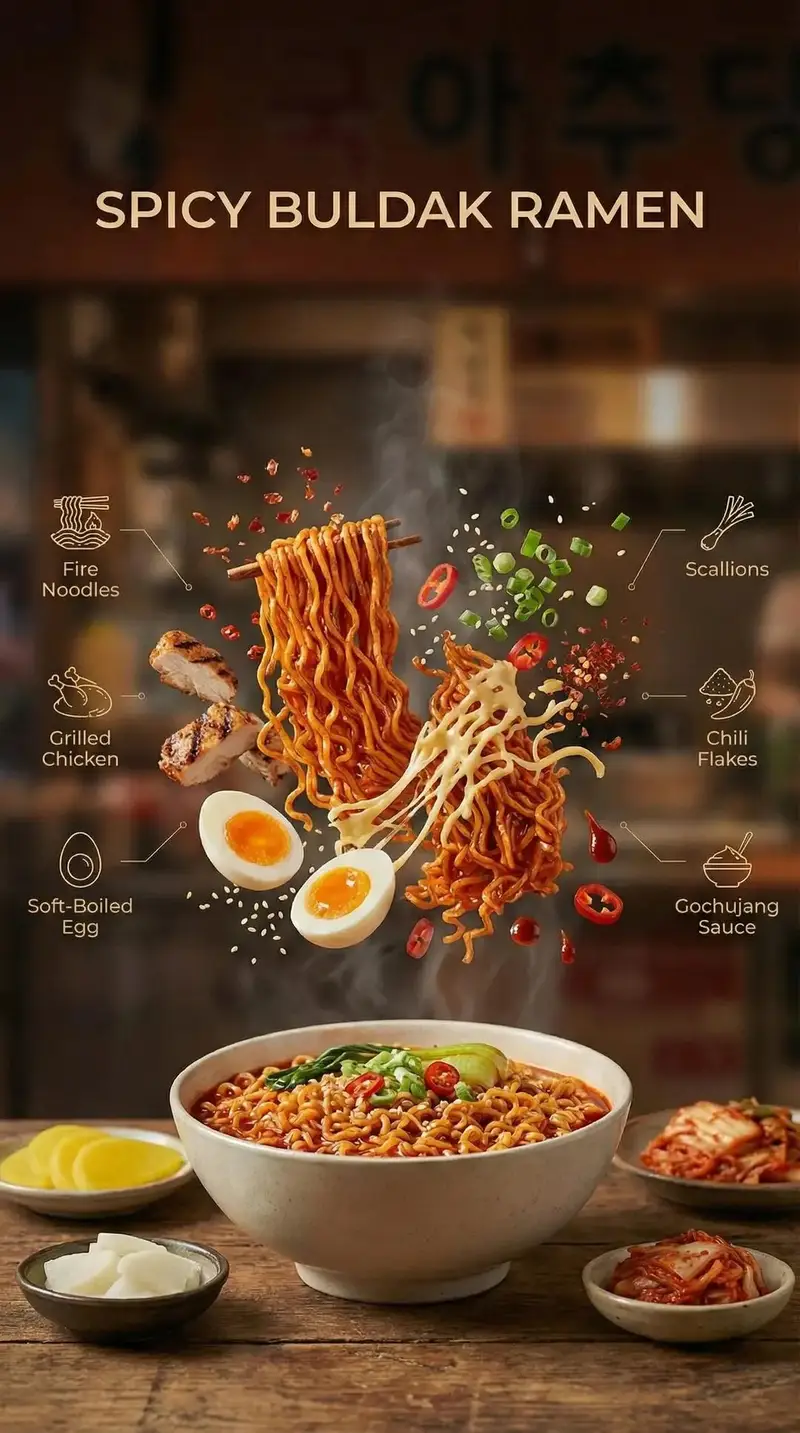 پیش‌نمایش Cinematic Commercial Shot of Deconstructed Buldak Ramen