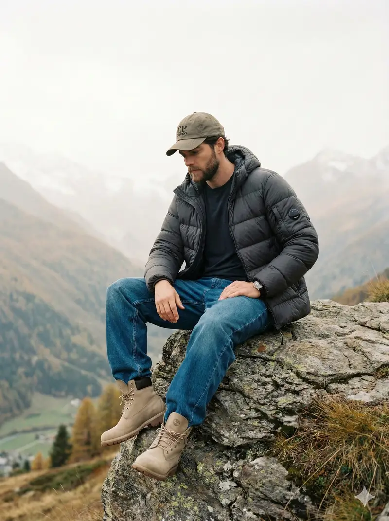 Preview of Cinematic Fashion Editorial Image Prompt for Male Subject in Swiss Alps
