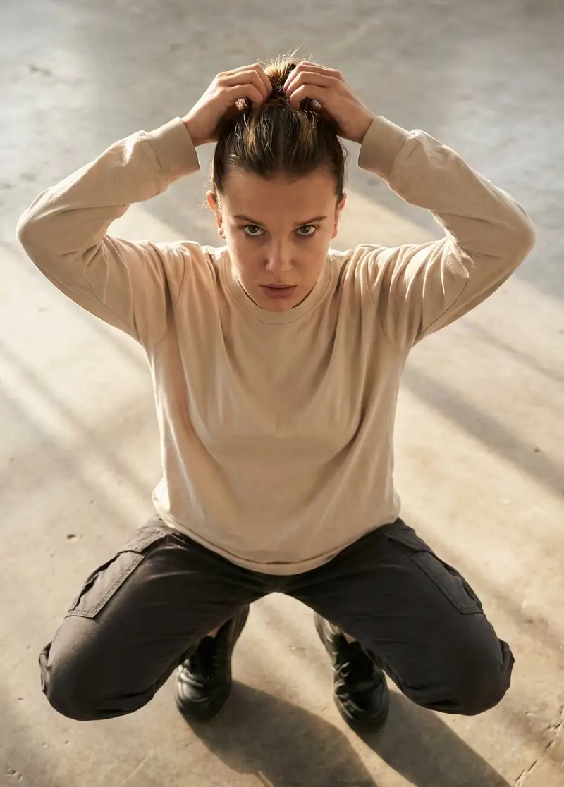 Preview of Editorial realism portrait of a woman tying her hair