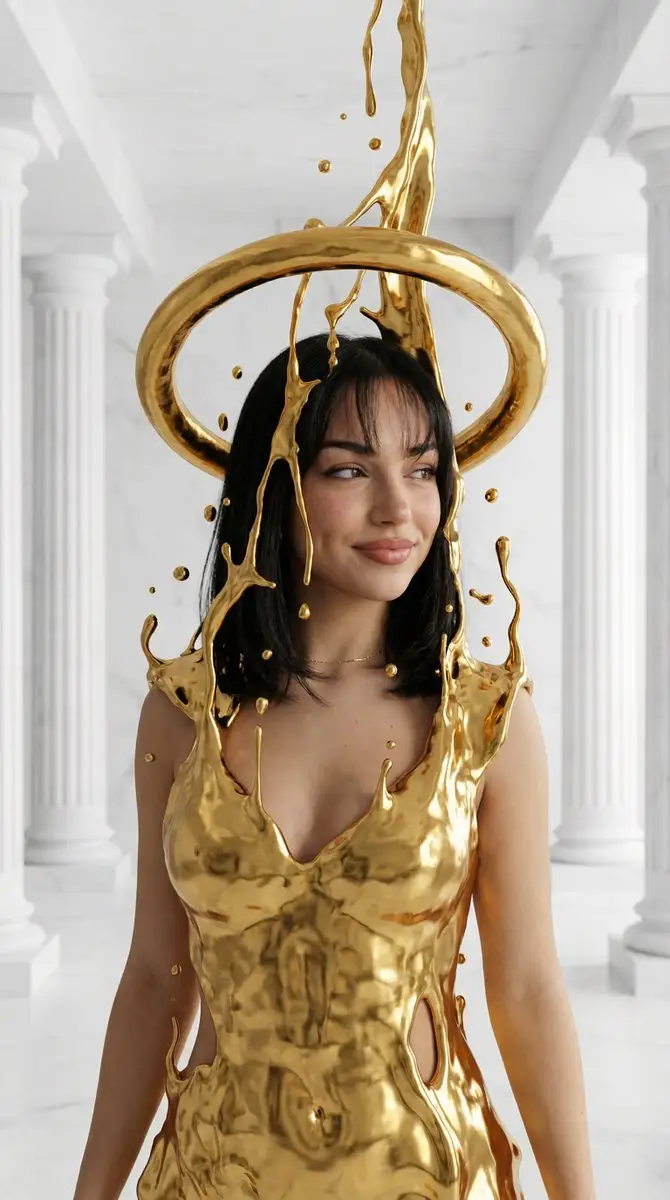 Preview of Surreal High-Fashion Portrait with Liquid Gold and Classical Architecture