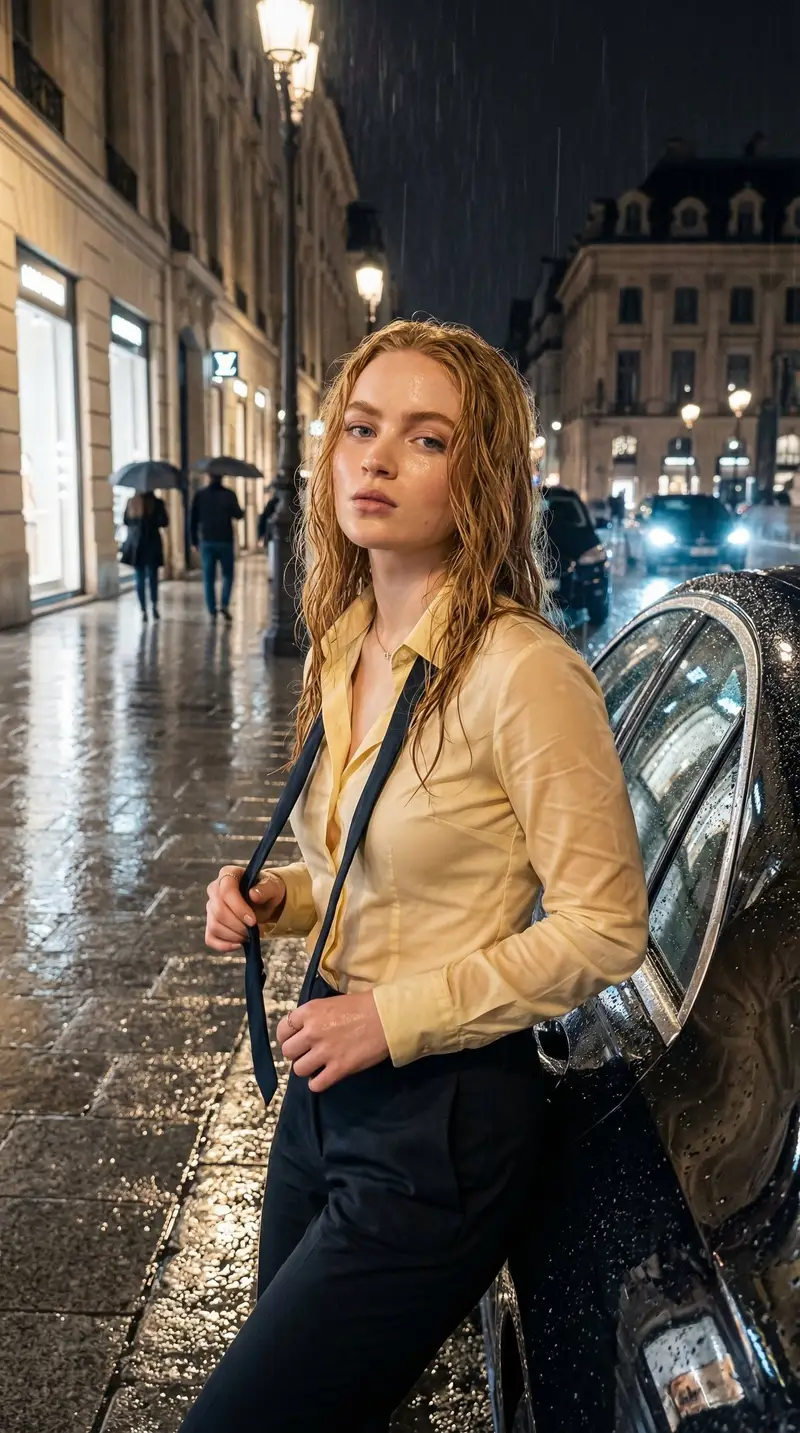 Preview of Rain-Soaked Night Portrait in European Boulevard