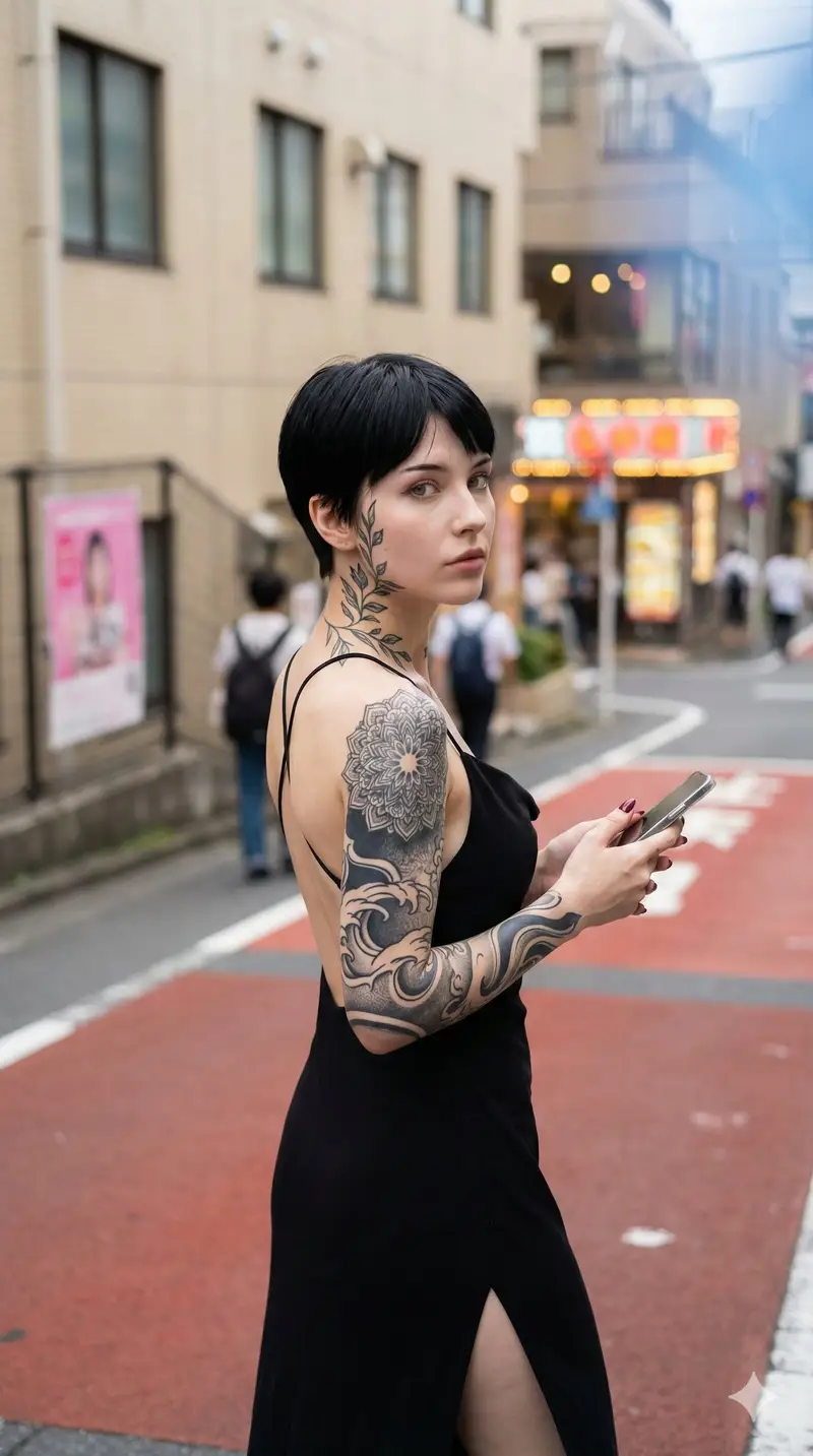 Preview of Photorealistic Snapshot of a Woman with Tattoos in a Japanese Urban Setting