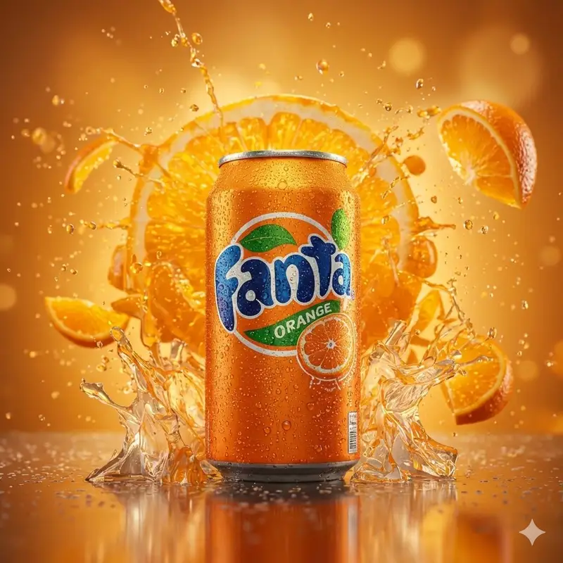 Preview of Hyper-realistic cinematic product shot of Fanta Orange can with exploding orange slices