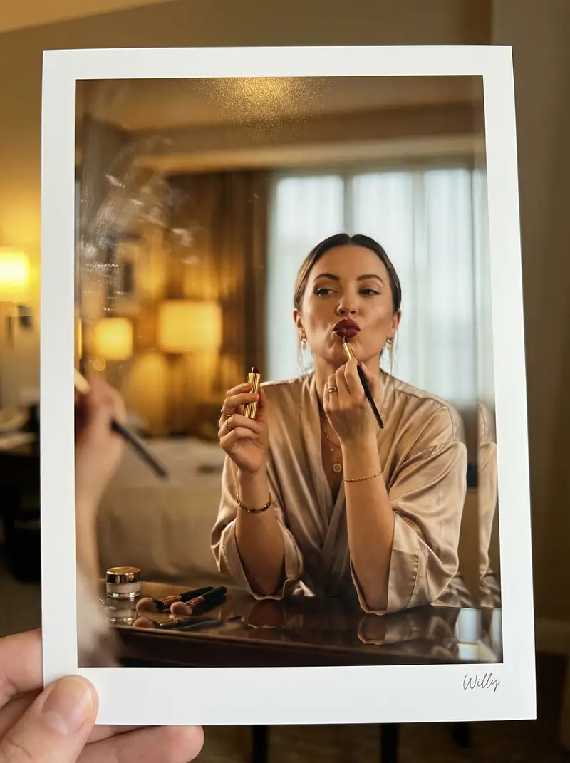 پیش‌نمایش Glamorous Makeup Mirror Reflection Editorial Shot Prompt