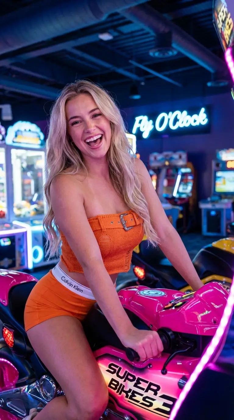 Preview of Vibrant Arcade Portrait with Orange Outfit and Neon Lights