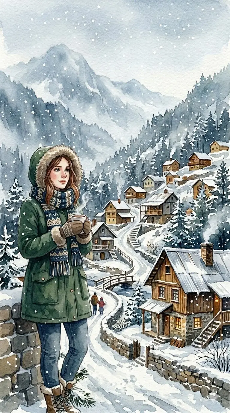 پیش‌نمایش آبرنگ دنج ایستگاه تپه زمستانی