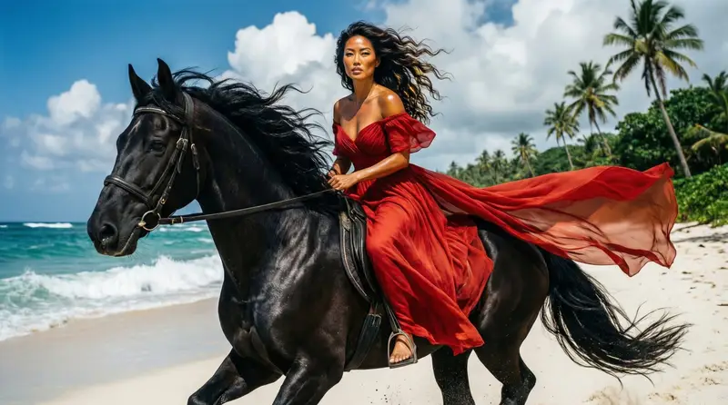 Preview of Woman Riding Black Horse on Beach