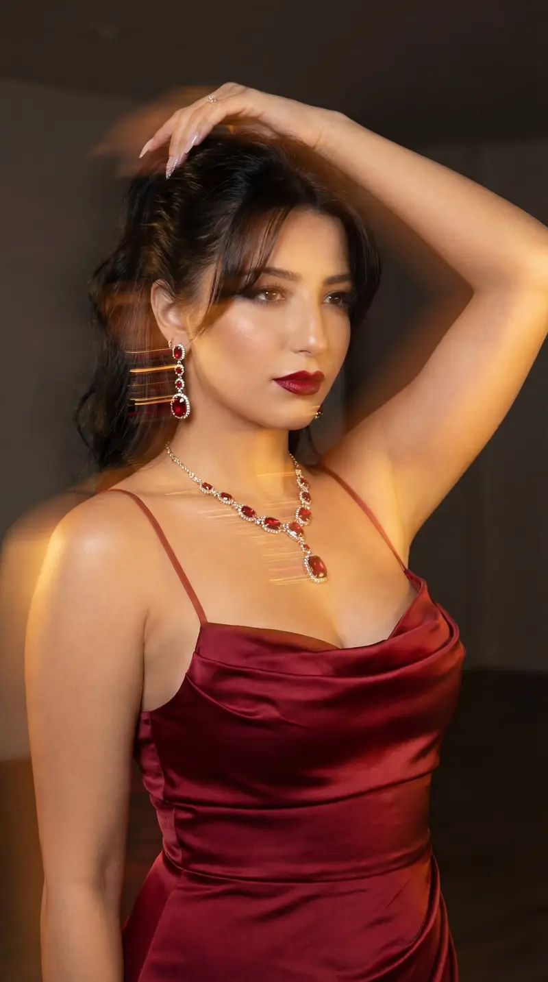 Preview of Cinematic Fashion Portrait in Deep Red Satin