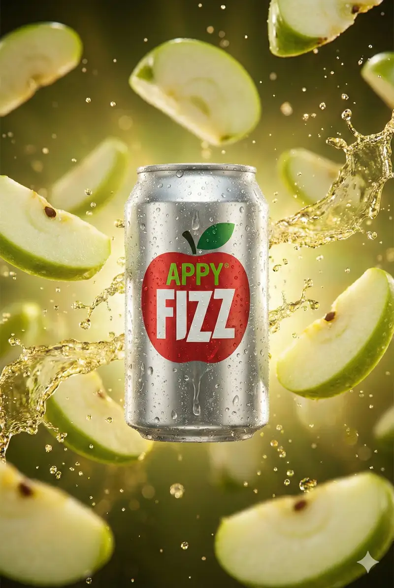 Preview of Hyper-realistic cinematic product shot of Appy Fizz can with exploding apple slices