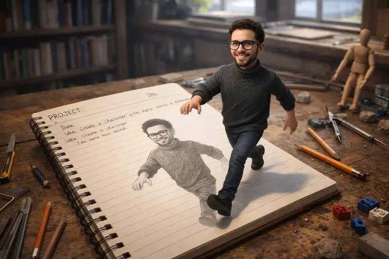 Preview of Character Stepping Out of a Sketchbook (Surreal Photo)
