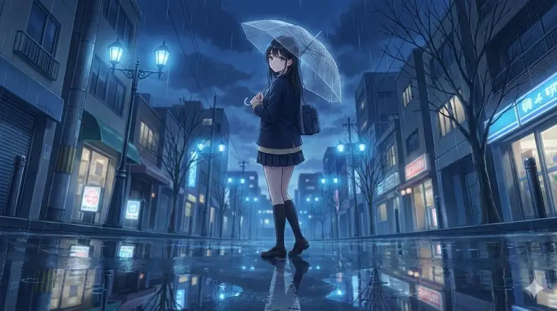 Preview of 4K Anime Illustration of Girl in Rain