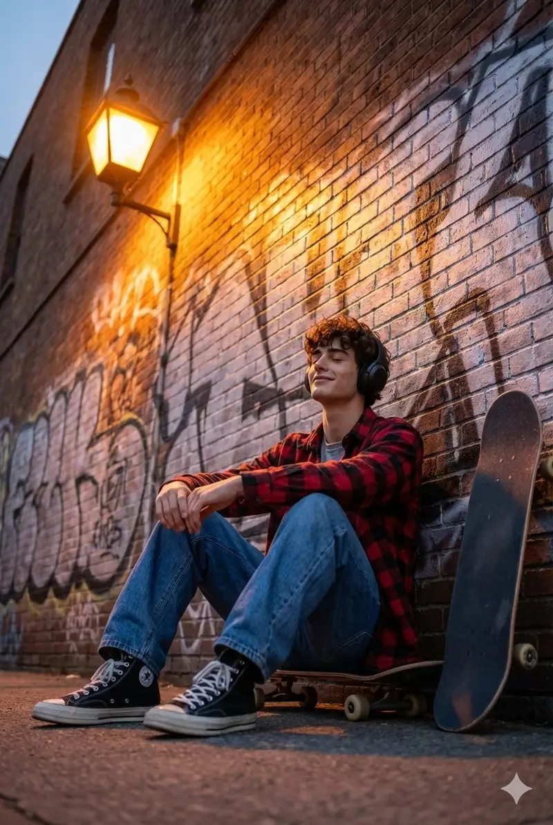 پیش‌نمایش Cinematic Skateboarder Portrait Prompt at Golden Hour