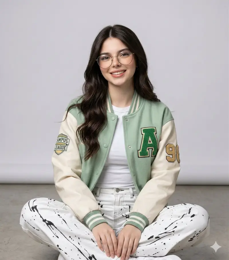 Preview of Studio Portrait of a Woman in Varsity Jacket and Splatter Pants
