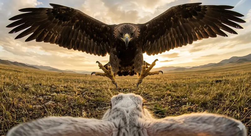 Preview of Ultra wide-angle cinematic photo of a rabbit and eagle
