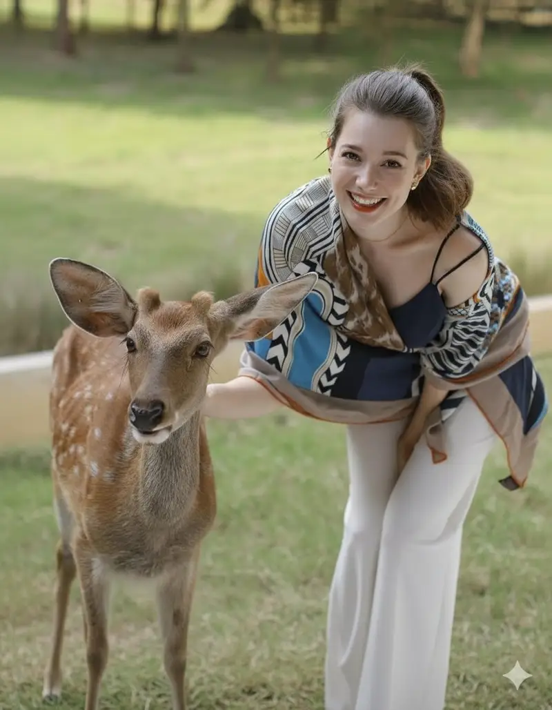 Preview of Photorealistic portrait of a woman feeding a fallow deer