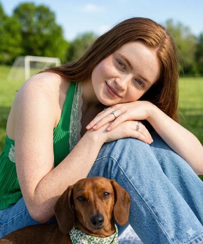 پیش‌نمایش Sadie Sink Lookalike with Dachshund in Park