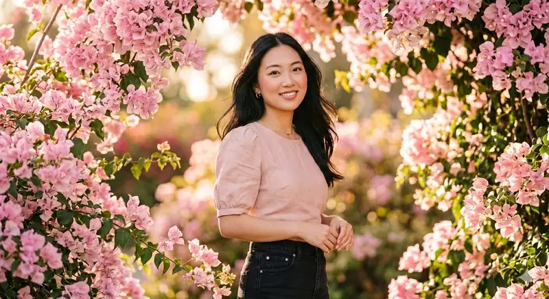 Preview of Ethereal 8K Portrait with Bougainvillea Blossoms Prompt