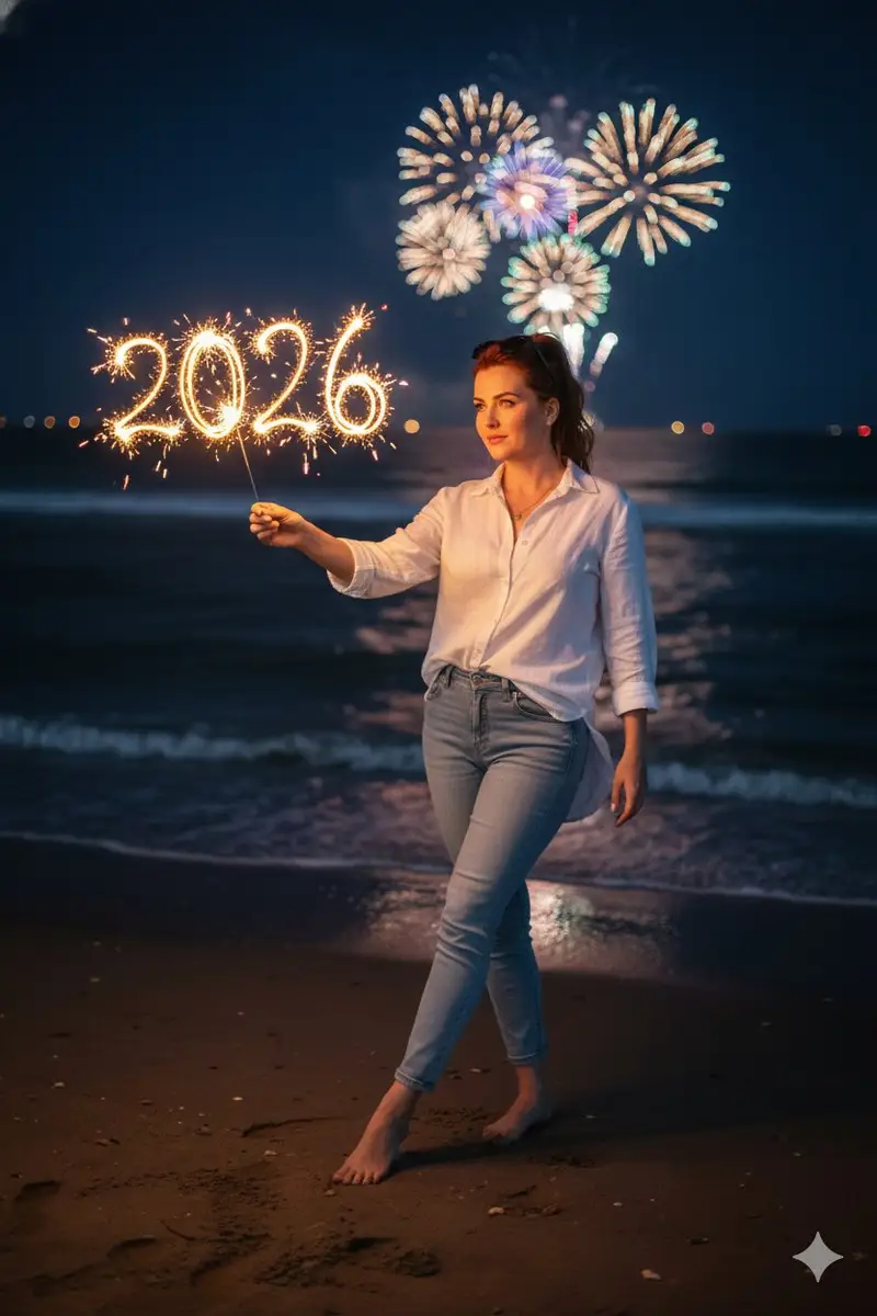 پیش‌نمایش Romantic Cinematic New Year 2026 Beach Night Scene