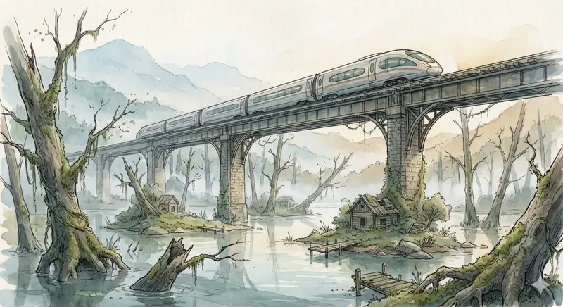 Preview of Fantasy Watercolor Illustration of an Elevated Rail Bridge over Flooded Forest