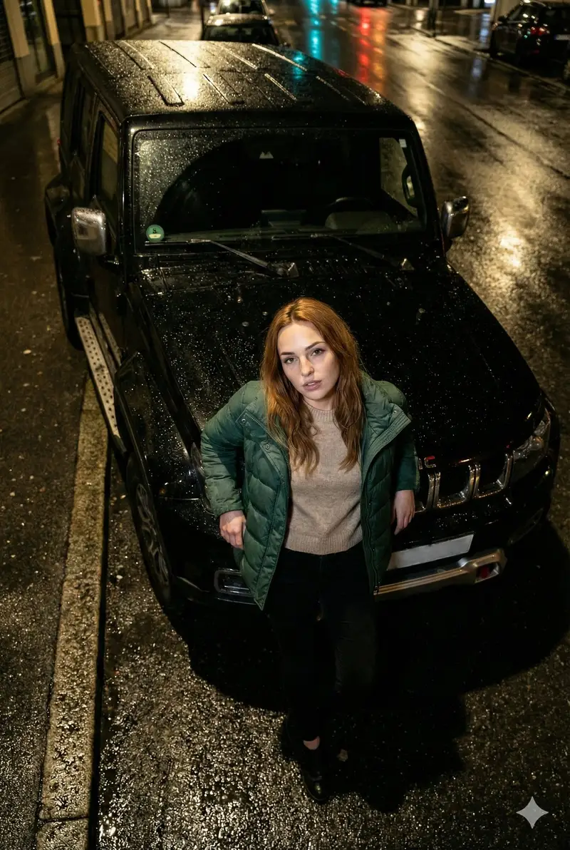 Preview of High-Angle Flash Photo on SUV Hood at Night