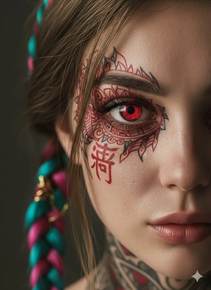 Preview of Extreme Close-Up Cinematic Portrait with Tattoos and Red Eye