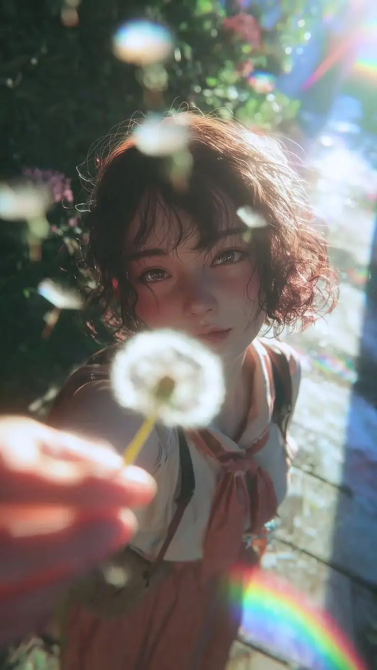 Preview of Dreamy Semi-Realistic Anime Portrait of a Girl with a Dandelion