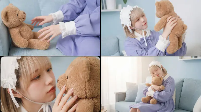Preview of Warm, Nostalgic Cinematic Video of a Woman with a Teddy Bear