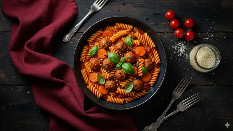 پیش‌نمایش Refined Dining Scene with Fusilli and Meatballs