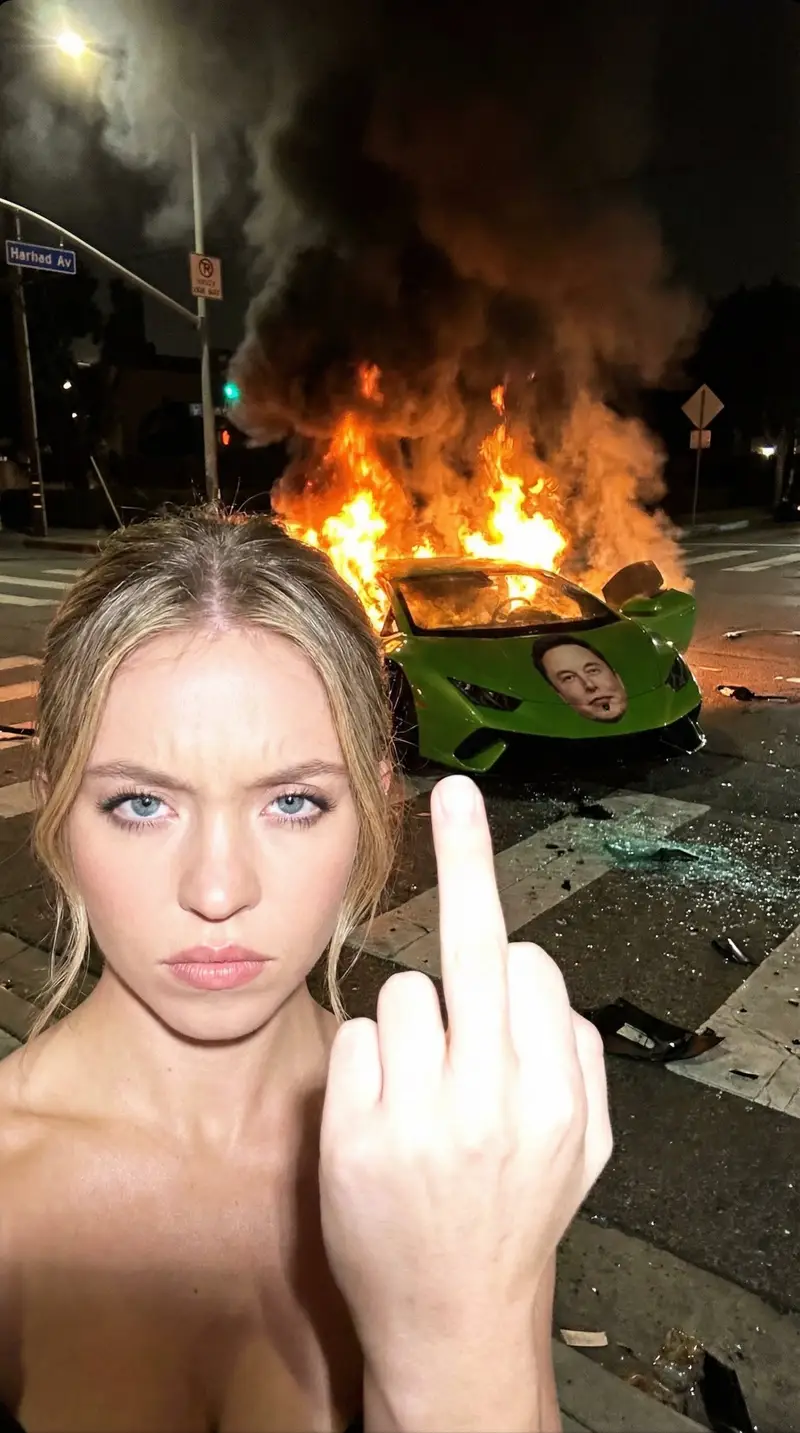 Preview of Gritty Night Photo of Woman Flipping Off Camera with Burning Lamborghini