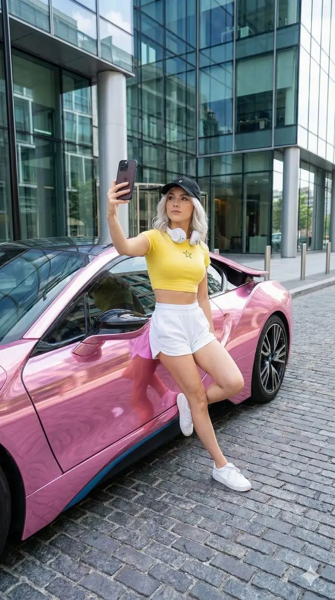 پیش‌نمایش پرامپت سلفی خودمانی شخصیت اصلی با BMW i8 صورتی