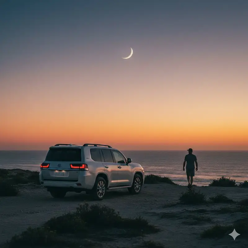 پیش‌نمایش Cinematic Twilight Coastal Landscape with Toyota Land Cruiser