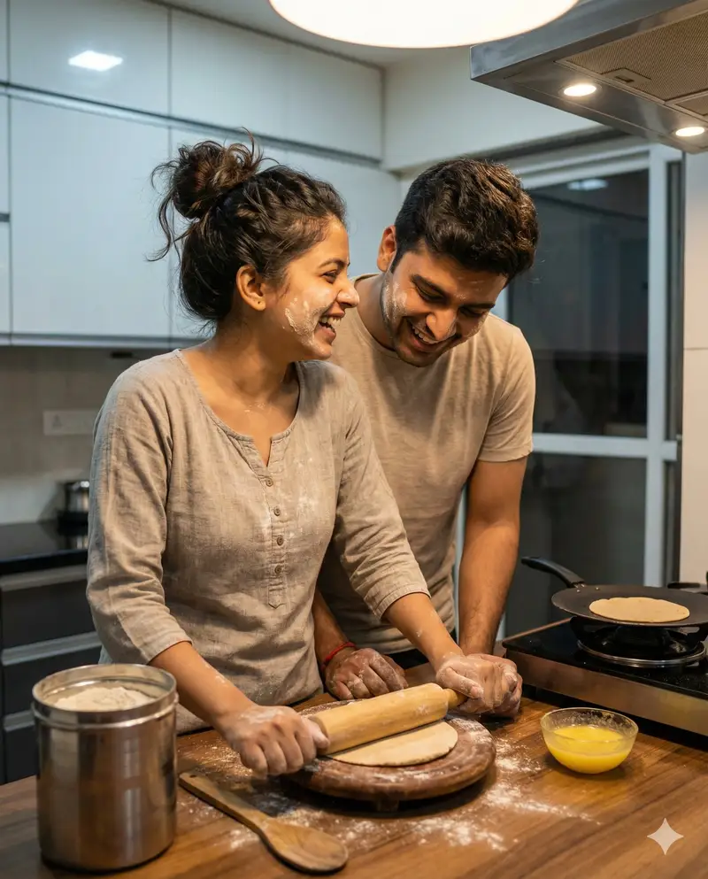 پیش‌نمایش Ultra-realistic Indian Couple Cooking Portrait