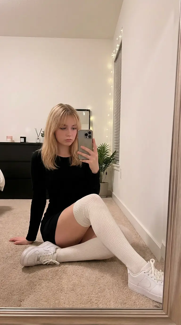 پیش‌نمایش Candid Mirror Selfie in Soft Aesthetic Bedroom
