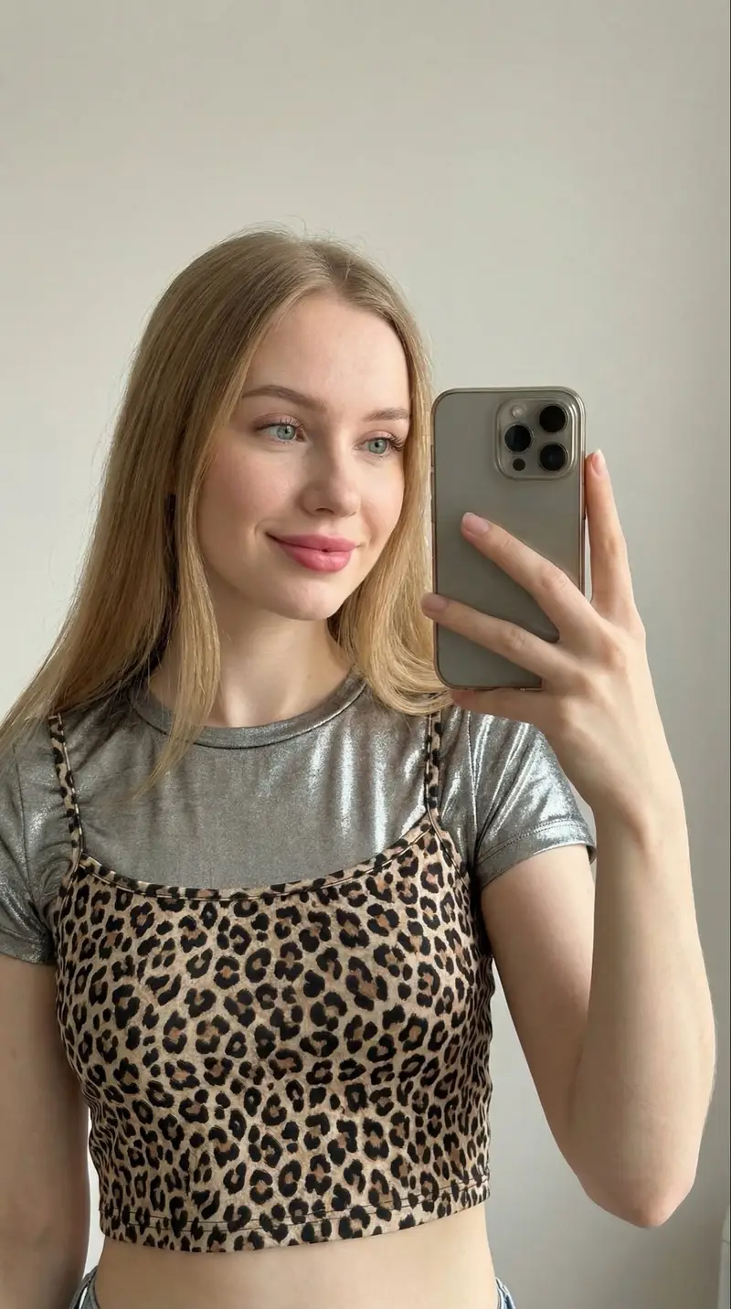 Preview of Close-up Selfie of a Woman in Leopard Print and Metallic Shirt