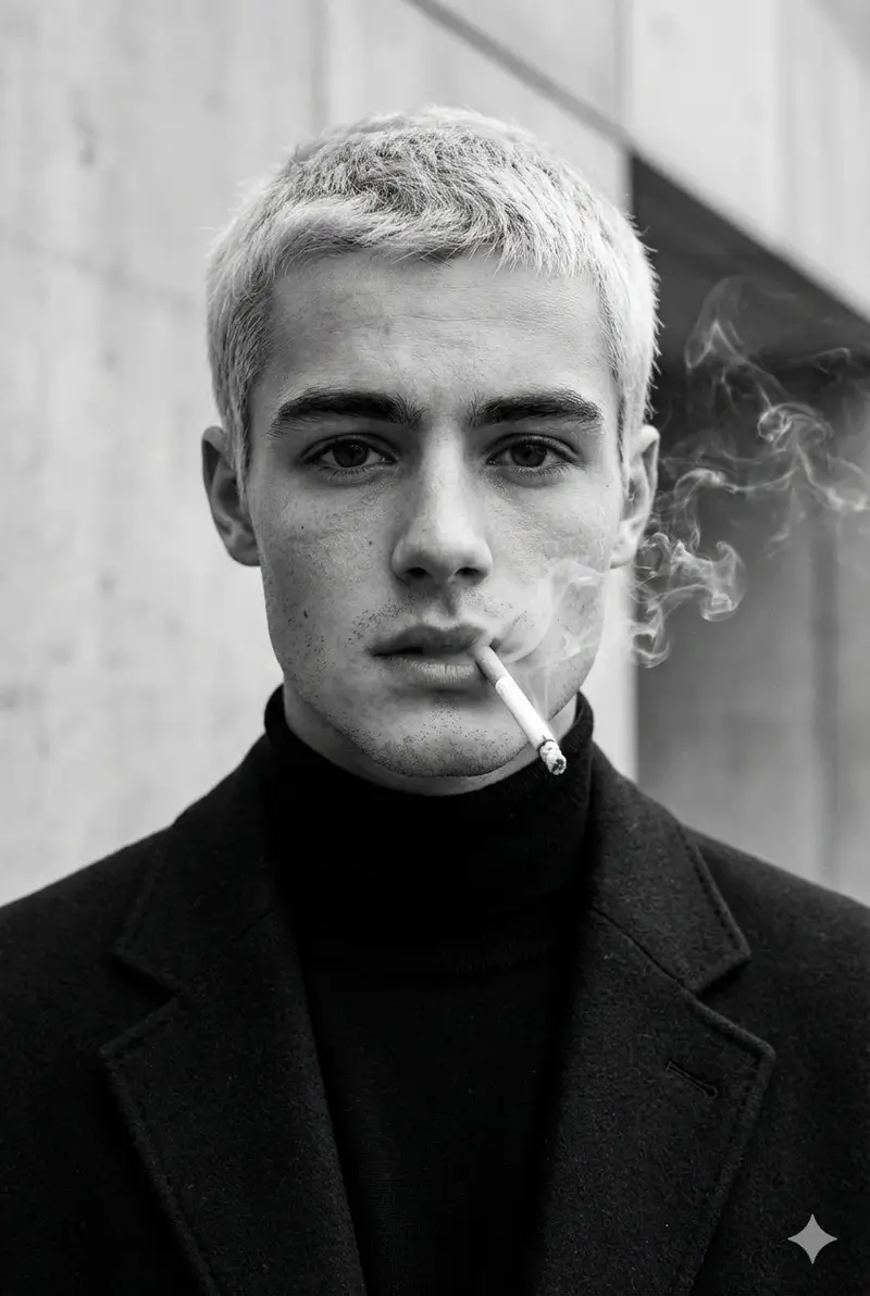 Preview of High-Fashion Black and White Portrait with Cigarette Smoke