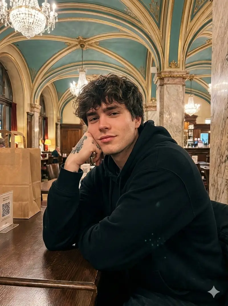 Preview of Opulent Café Portrait with Voluminous Hair