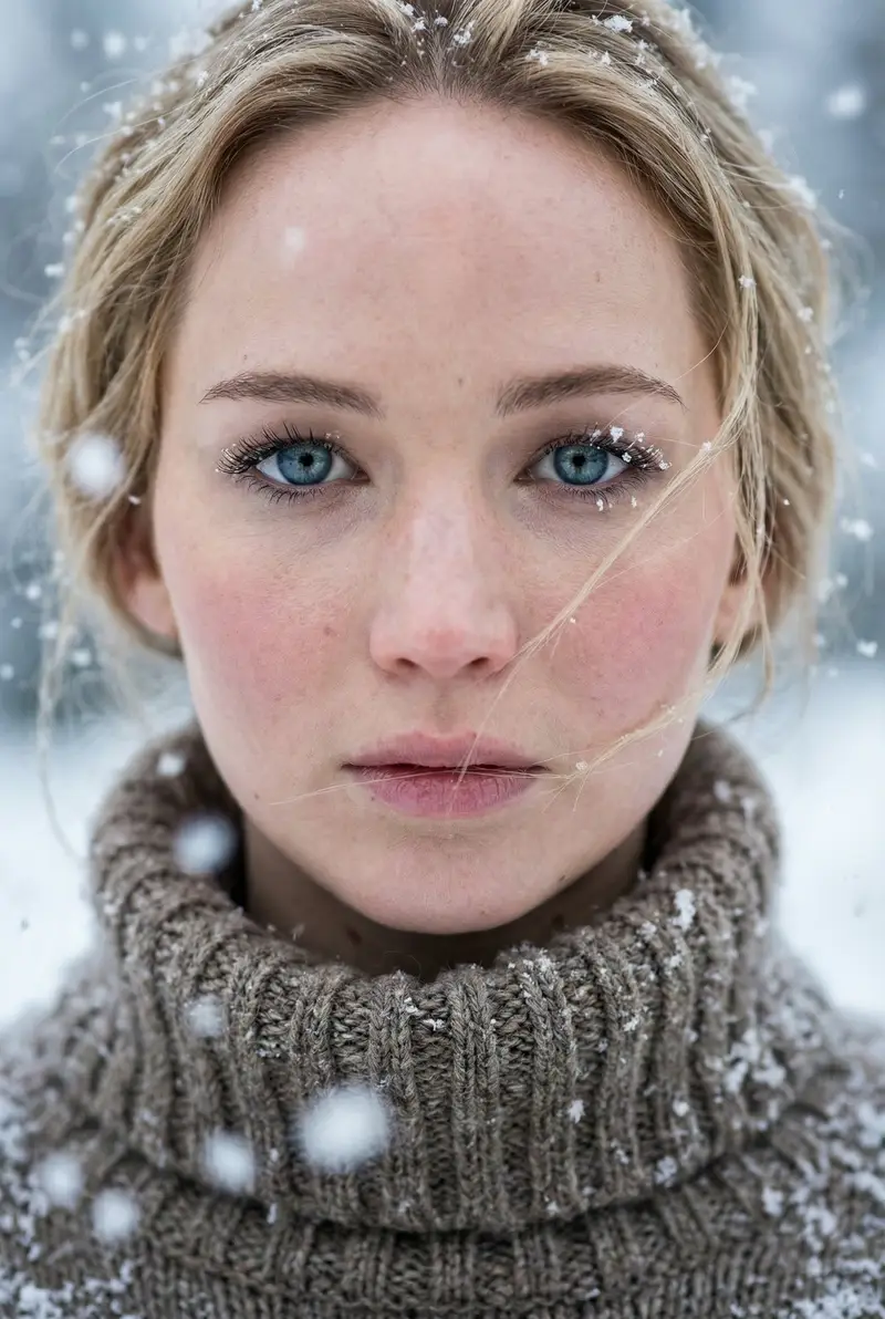 پیش‌نمایش Ultra-Photorealistic Winter Portrait Macro Focus (Jennifer Lawrence)