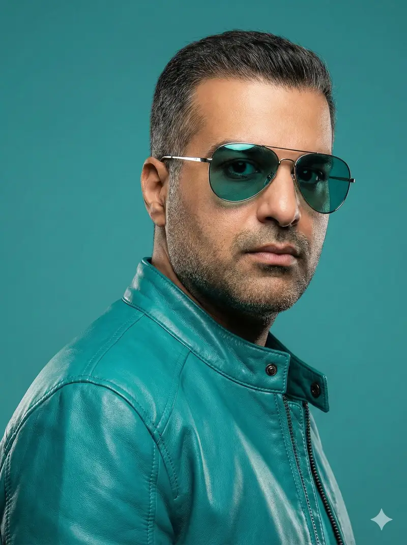 پیش‌نمایش Teal Leather Jacket Studio Portrait Prompt