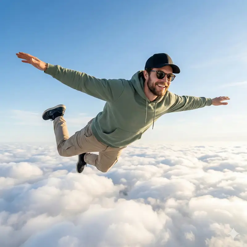 Preview of High-Quality Photo of Man Flying Above Clouds