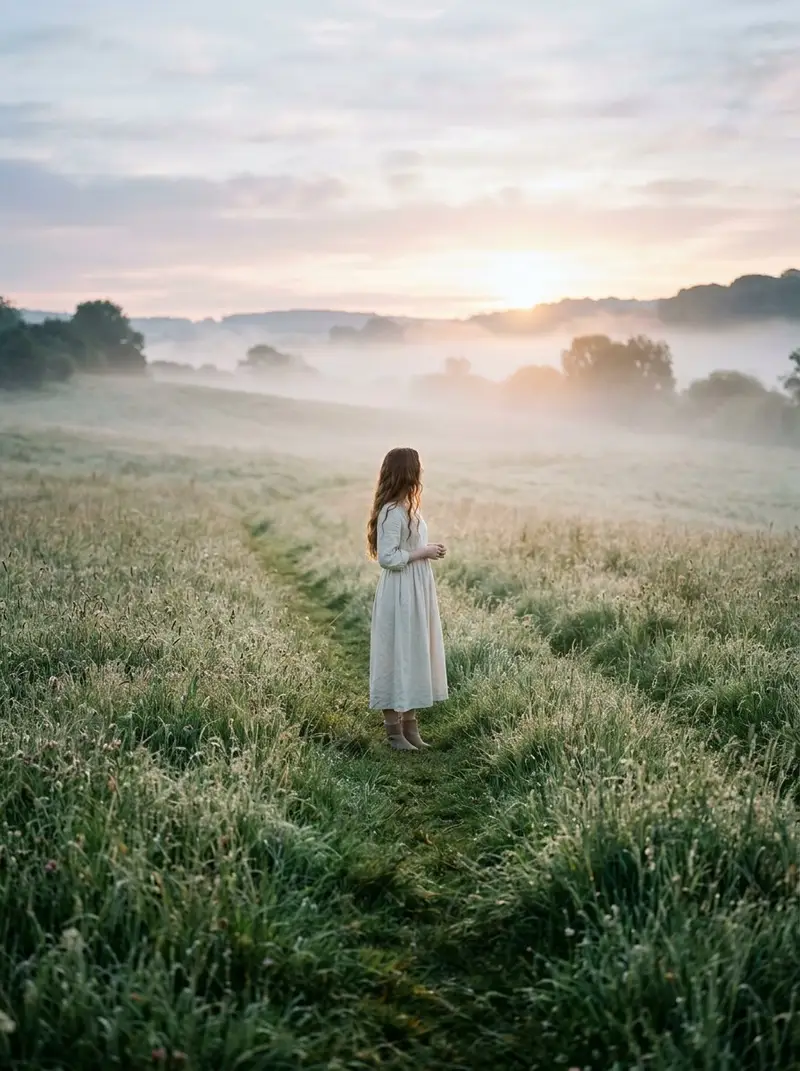 Preview of Cinematic Wide Shot of Girl in Dewy Meadow at Sunrise