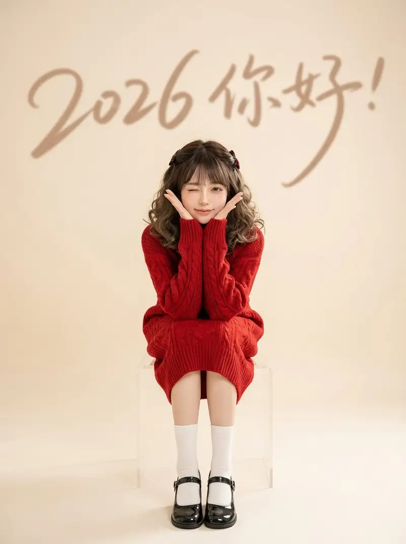 Preview of Chinese New Year Portrait with Red Knitwear and Minimalist Studio Look