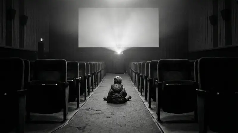 Preview of Black and White Documentary Photo of Child in Cinema