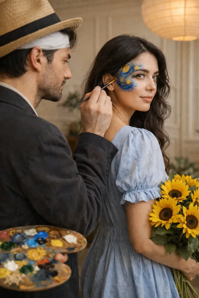 Preview of Cinematic Editorial Couple Portrait with Starry Night Face Paint