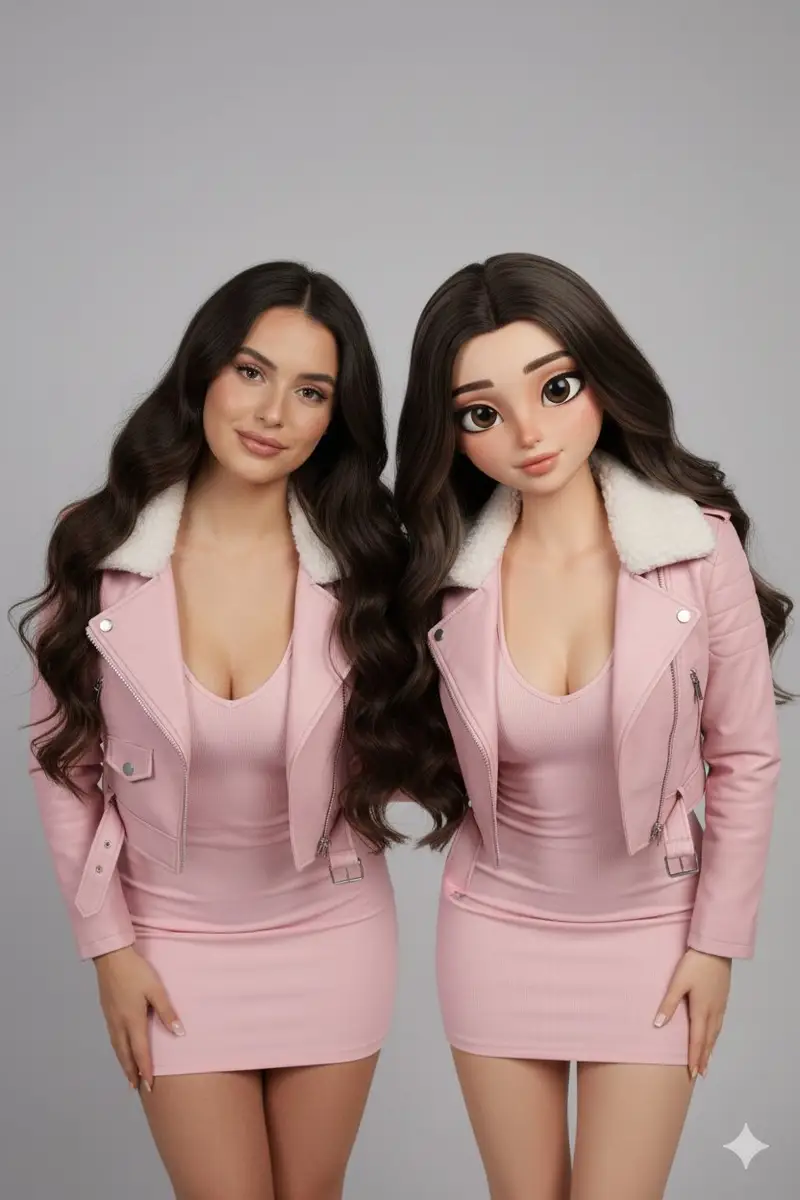 Preview of Realistic Human vs. 3D Character Side-by-Side Prompt