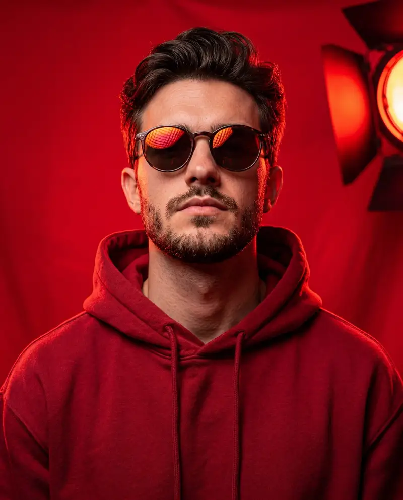 Preview of Bold Studio Portrait with Red Hoodie and Dark Sunglasses