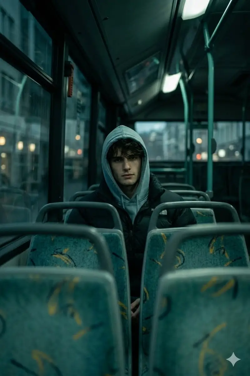Preview of Cinematic Interior Shot of a Man on a Dimly Lit Bus