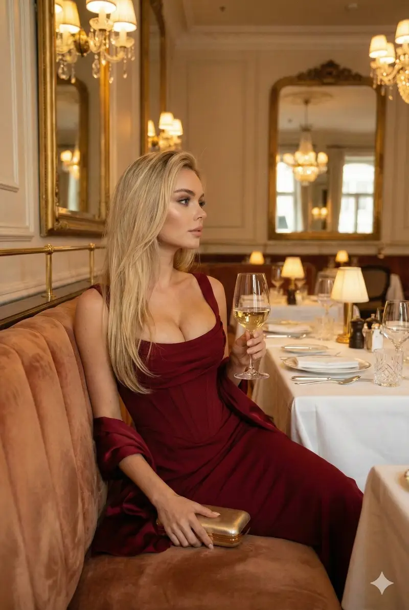 پیش‌نمایش Sophisticated Dining Scene with Burgundy Gown (Urdu/Hindi)